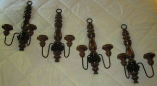 Set Of 4=vintage Home Interior 2 - Arm Wood & Black Wrought Iron Wall Candelabra