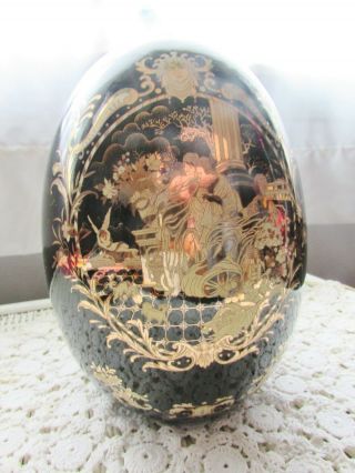 Large 16” X 10 1/2” Porcelain Egg Black Limoges Style Roman Motif Feng Shui Luck