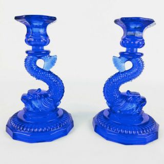 Koi Fish Cobalt Blue Glass Candlestick Holders Set Of 2 Vintage 7.  75 "
