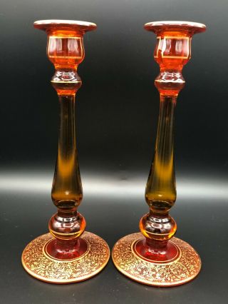Amber Red Glass W/gold Overlay Candlesticks Holders,  10 1/4 " Tall