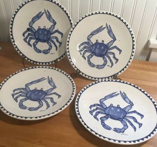 4 Diane Come Dream With Me Crab 10” Dinner Plates Cobalt Blue & White