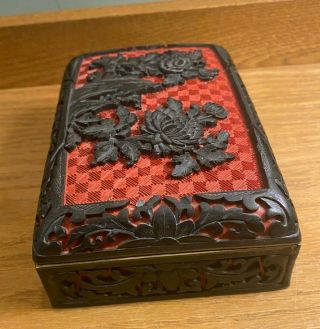 Red/Black Carved Cinnabar Laquerware Chinese Box with Blue Enamelled interior 2