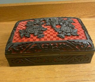 Red/Black Carved Cinnabar Laquerware Chinese Box with Blue Enamelled interior 3