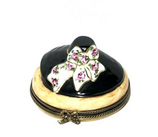 Limoges France Peint Main Black Hat With Floral Bow Hinged Trinket Box