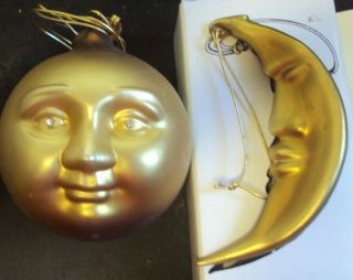 Dept 56 Frosted Mercury Glass Gold Moon & Small Moon Face Ornaments 5.  5 " Retired