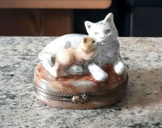 Vintage Limoges France Porcelain Trinket Box W/cat & Kitten Figures On Top