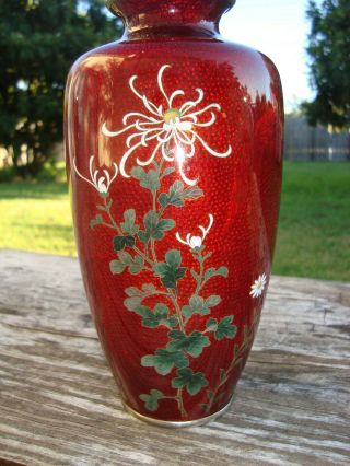 Vintage Japanese Red Ginbari Cloisonne Silver Foil Vase Chrysanthemum Signed