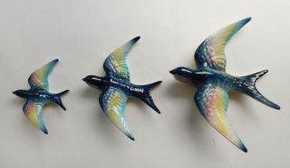 3 Flying Swallows Bluebirds 1950s Mid Century Wall Birds