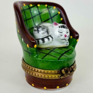 Limoges France Black White Cat Kitten Sleeping Green Chair Porcelain Trinket Box