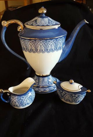 Vintage Bombay Co.  Coffee Pot Set,  Blue And White Tile With Platinum Trim