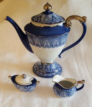 VINTAGE BOMBAY CO.  COFFEE POT SET,  BLUE AND WHITE TILE WITH PLATINUM TRIM 2