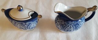 VINTAGE BOMBAY CO.  COFFEE POT SET,  BLUE AND WHITE TILE WITH PLATINUM TRIM 3
