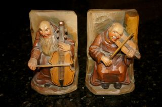 Set Of Vintage Anri Carved Wood Bookends Monks Playing Violin & Cello