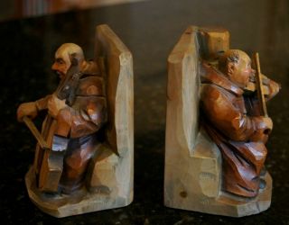 Set of Vintage ANRI Carved Wood Bookends Monks Playing Violin & Cello 2
