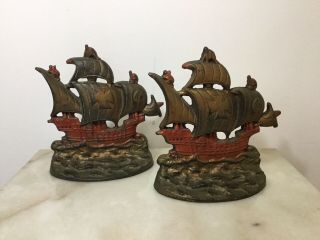 Antique Tall Sail Pirate Ship Metal Bookends Nautical Sailing Boat