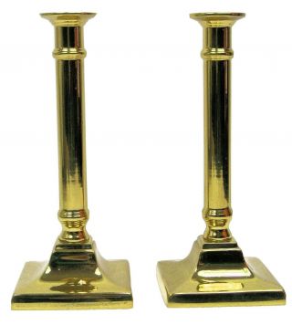 Pair Virginia Metalcrafters 7 " Square Base Candlesticks Polished Brass Federal