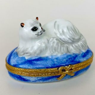 Limoges France Artoria Fancy Persian Cat Kitten White Blue Porcelain Trinket Box