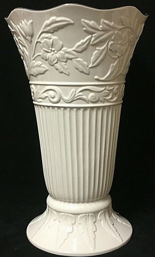 Lenox Large 16 " Tall Porcelain Vase Ivory 24k Gold Trim Embossed Floral