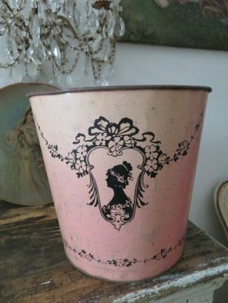 Gorgeous Old Vintage Pink Metal Waste Basket With Woman Portrait & Details