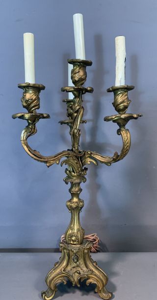 19thc Antique French Victorian Old Gilt Spelter Acanthus Flower Candelabra Lamp