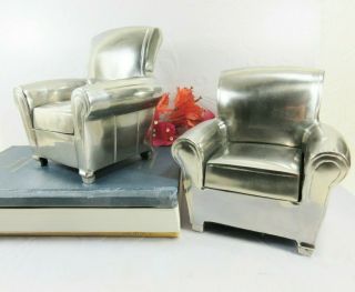 Pair Mid Century Modern Heavy Silver Metal Manhattan Arm Chair Bookend Decor Set