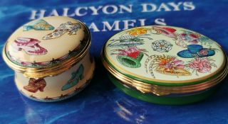 A Set Of Two Halcyon Days Enamels Boxes Shoes & Hats
