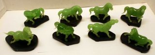 Vintage Set Of 8 Green Glass Horse Figures With Stands,  Made In China
