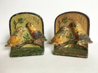 Rare Vtg Antique Hubley Painted Enamel Cast Iron Love Birds Parrots Bookends 112