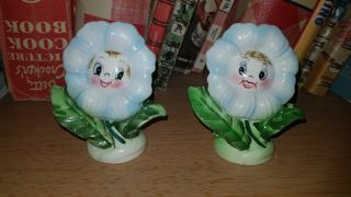 Anthropomorphic Py Japan Blue Flower Salt And & Pepper Shakers With A Face