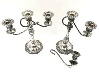 Pair Vintage Antique Candelabra Ornate Silver Plated 3 - Arm Candlestick - Heavy