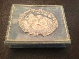 Antique Vintage Blue Incolay Stone Jewelry Box - Gorgeous