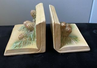 Vintage Chalkware Bookends Plaster Pinecones Green Gold Book Shaped Heavy
