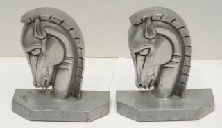Solid Cast Metal Bare Aluminum Trojan Horse Head Bookends Art Deco Vintage