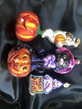 Set Of 3 Christopher Radko Halloween Kitty Cat In Pumpkin Ghost Ornament