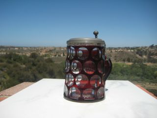 Antique Bohemian Ruby Red Glass Stein Lidded Germany 0.  5l C.  1895