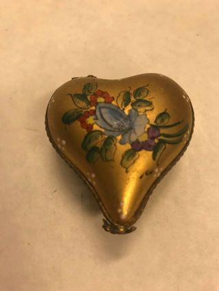 Trinket Box Porcelain Hinged Vintage Painted 24 K Heart Floral Limoges Signed Mc