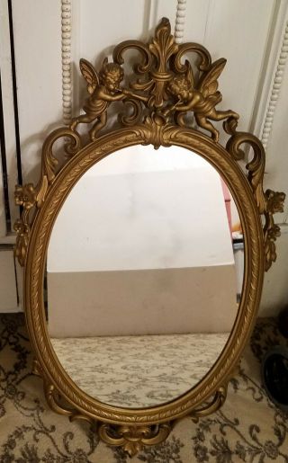 Vintage Syroco Style Gold Oval Wall Mirror W/cherubs 31 "
