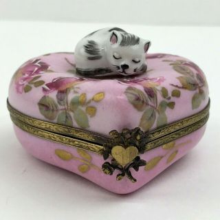 Limoges France Peint Main Jacques Pink Floral Heart Box W/ Cat Limited Ed 29/500