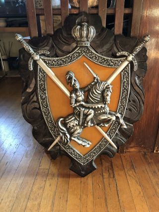 Vintage Metal Knight Battle Wall Hanging On Crave Wood Board Rare