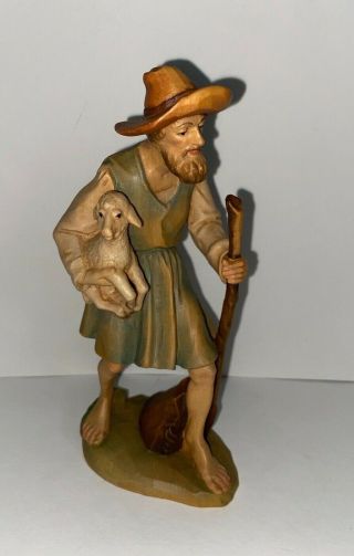 Anri Wood Carving Figurine Shepherd With Sheep And Stick Italy Nativity N215 Qq