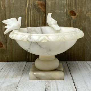 Vintage Italian Hand Carved Alabaster & Marble 6.  5 " Bird Bath W/ 2 Birds On Rim