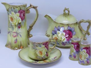 Vintage Nippon Hand Painted Rose Teapot W/accessories