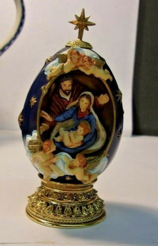 Franklin House Of Faberge The Nativity Egg Cobalt Blue On Stand 4 1/2 " Tall