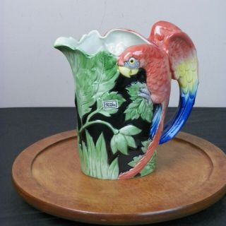 Fitz & Floyd Vintage Majolica Mccaw Parrot Pitcher 1986 Jungle Hand Painted