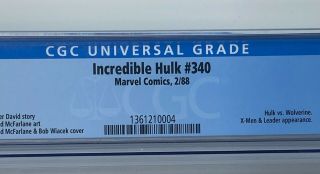 INCREDIBLE HULK 340 Marvel Comics 1988 CGC 9.  6 Hulk vs Wolverine 2