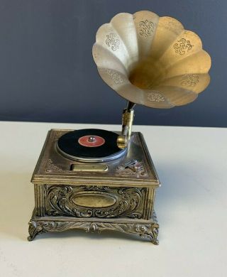 Vintage Swank Brass Music Box Gramophone Phonograph Butane Lighter Japan