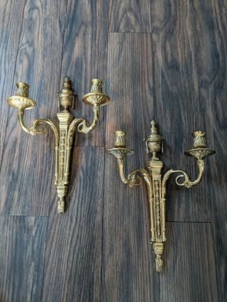 Two Vintage Hollywood Regency Solid Brass Dual Candle Wall Sconces Mid Century