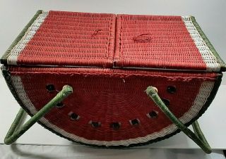 Vintage Watermelon Picnic Lunch Basket Wicker 1970 Lid Handles Wooden Beads