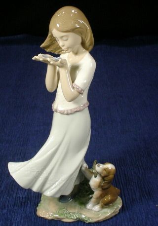 Rare Lladro Daisa 2004 Girl Holding Flower Petals With Puppy Holding Stick