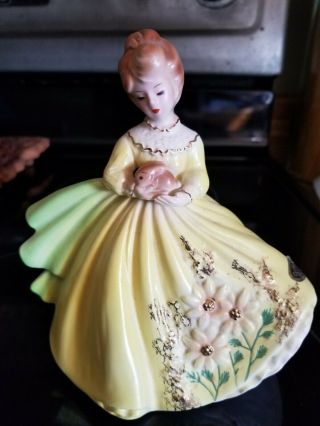 Josef 5 " Figurine - Girl In Yellow Dress With Rabbit Rare
